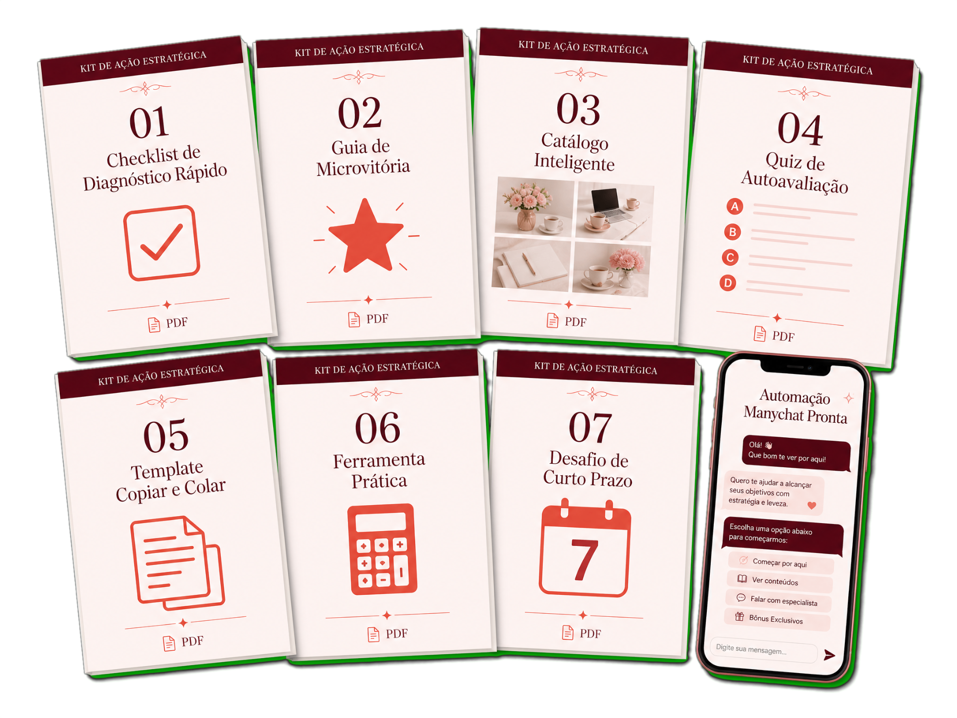 Mockup dos 7 entregáveis do Kit Máquina de Leads e automação do Manychat